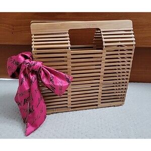 Betsey Johnson bamboo wooden purse rectangular handbag with logo bow scarf
